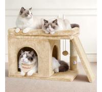 Meowker Cat Tree Tower Bed with Scratching Post for Indoor, Heavy Duty Small Stand House Condo for Large Cats & Kittens, Platform Perch Hideout Climb Rest Area, Modern Sturdy Furniture, Beige