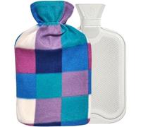 Meown 2L Hot Water Bottle with Fleece Cover - Leakproof Hot Water Bag & Natural Rubber Bottle for Period Cramps, Neck & Back Pain, Reusable Cold & Heat Therapy, Winter Bed Warmer (Blue Checks)