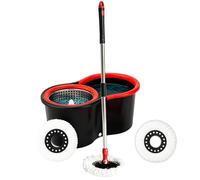 Meown 6L Spin Mop and Bucket Set - 360° Rotating Microfibre Round Mop with Stainless Steel Handle, 2 Refill Pads & Self-Wringing System - Red & Black Mop for Hard Floors, Tile & Wood