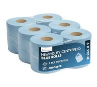 MEOWN Blue Centrefeed Rolls 2 Ply 150 m x 6, Embossed Paper Towels for Wiping and Drying, Strong Absorbent Blue Roll for Kitchens Workshops Warehouses and Commercial Cleaning