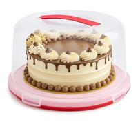 Meown Cake Carrier with Red Base & Handle, 27cm Round Cake Storage with Clip Lock Lid, Flip Base, Food Safe Plastic Cake Holder, Cake Saver Container for Transporting, Storing & Serving Cakes