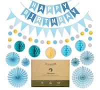 Meowoo Birthday Party Decorations, Blue Birthday Decoration Set - Happy Birthday Banner, 2 Birthday Buntings, 6 Hanging Paper Fans, 5 Honeycomb Decorations for Girls and Womens