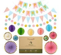 Meowoo Birthday Party Decorations Set - Happy Banner, 2 Buntings, 6 Hanging Paper Fans, 5 Honeycomb Decor for Girls and Women