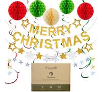 Meowoo Christmas Decorations Set, Reusable Merry Christmas Paper Banner & Honeycomb Ball Kit for Xmas Party, Merry Christmas Hanging Decorations for Indoor Home Decor