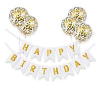 Meowoo Happy Birthday Banner Birthday Bunting with 5 Gold Confetti Latex Balloons Perfect for Birthday Party Decorations - White