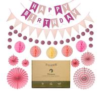 Meowoo Pink Birthday Party Decorations Set - Happy Banner, 2 Buntings, 6 Hanging Paper Fans, 5 Honeycomb Decorations for Girls and Women