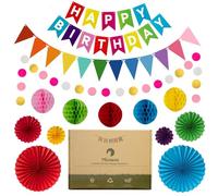 Meowoo Rainbow Party Decorations - Happy Birthday Banner, 2 Buntings, 6 Fans, 5 Honeycomb Decor for Girls