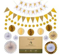 Meowoo White Gold Birthday Party Decorations Set - Happy Banner, 2 Buntings, 6 Hanging Paper Fans, 5 Honeycomb Decorations for Girls and Women