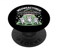 Meowsactober Funny Alien Cat Abduction UFO Design PopSockets Adhesive PopGrip