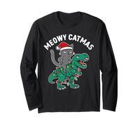 Meowy Catmas, cat Riding a Dinosaur Christmas Lights Long Sleeve T-Shirt