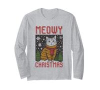 Meowy Christmas Cat in Ugly Sweater Cute Holiday Pun Long Sleeve T-Shirt