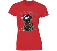 Meowy Christmas Grumpy Cat Womens T-Shirt Funny Festive Holiday Retro Xmas Gift T Shirt Red - X-Large