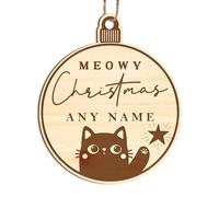Meowy Christmas Ornament - Custom Cat Themed Xmas Decor Gift, Personalised Name, Cat Christmas Tree Decor, Wood Xmas Bauble Decoration Gift