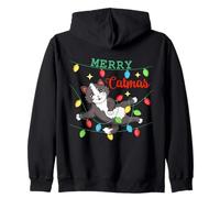 Meowy Cute Cat Tangled in Xmas Lights Merry Catmas Christmas Zip Hoodie