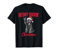 Meowy Rockin Christmas Funny Cat Wear Santa Hat Kitten Xmas T-Shirt