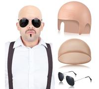 Mepase 1 Set Bald Caps with 1 Pair Glasses for Adults Men Nylon Bald Head Wig Cap Can Be Cut for Halloween Music Festivals Concerts Rap Star Party Cosplay(12.2 x 8.6 Inch)