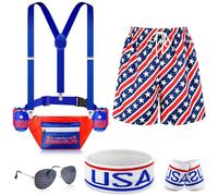 Mepase 11 Pcs 4th of July USA Accessories Set, American Flag Fanny Pack Shorts Sweatbands for Independence Day, Red, White, Blue, Medium