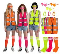 Mepase 12 Pcs Neon Theme Football Game Outfit Reflective Vest Sunglasses Bracelets Knee-high Socks Glow in The Dark Costume for Woman Fans Club Football Game Day Accessories Halloween Cosplay