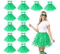 Mepase 12 Sets St. Patrick's Day Tutu Skirt with clover Shaped Sunglasses for Women Shamrock 3 Layered Tulle Ballet Tutus Set for St. Patrick's Day Running Party Costume