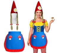 Mepase 2 Pcs Halloween Garden Gnome Costume for Women Gnome Woodland Apron Conical Felt Hats with Tails for Halloween Cosplay Dress up Party Supplies
