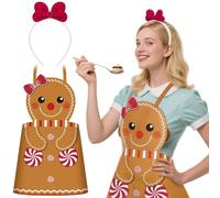 Mepase 2 Pcs Halloween Gingerbread Costumes Women's Gingerbread Apron with Hairband Cookie Costume Accessories for Adult Christmas Xmas Halloween Party Supplies