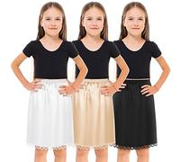 Mepase 3 Pcs Half Slip for Girl Satin Half Slip for Under Dresses Anti Static Extender Lace Long Knee Petticoat Skirt, Black, White and Skin Color, 14