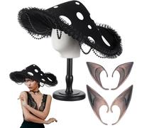 Mepase 3 Pcs Renaissance Mushroom Accessories Set Medieval Mushroom Hat with Lace Bead Brim Fairy Elf Ears Elf Cosplay for Women Halloween Forest Fantasy Victorian Costumes Accessories