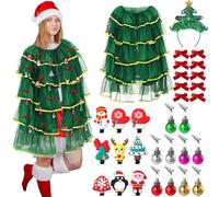 Mepase 32 Pcs Christmas Tree Costumes Outfit for Women Including Xmas Cloak Christmas Tree Headband with 10 Hair Clips 10 Bow Clips 10 Xmas Balls Decor for Holiday Party Costume Cosplay Covers