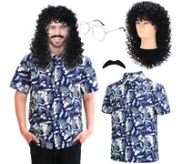 Mepase 4 Pcs 80s Halloween Costume Kit for Men Cosplay Set Hawaiian Shirt Black Curly Wig Silver Frame Glasses Mustache, As Shown in the Picture, X-Large