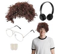 Mepase 4 Pcs Halloween 80s Costume Set for Men Brown Afro Nerd Hair Wig Gold Glasses Big Teeth Cap Black Headphone Mockup Adult Retro Movie Character Outfit Accessory for Halloween Funny Party Cosplay