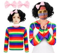 Mepase 4 Pcs Halloween Costumes for Women Rainbow Striped Shirt Black Short Curly Wigs and Pink Bow Hairpin Costume Adult Cosplay Dress Kit Accessories