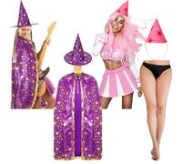 Mepase 4 Pcs Halloween Couple Cartoon Costume Underwater Buddies Outfits Set Including Wizard Cape Hat Pink Felt Star Tricorn Hat Fishnet Stockings Accessories for Adults