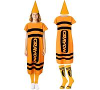 Mepase 4 Pcs Halloween Crayon Costume for Adults, Halloween Crayon Fancy Dress Cone Dwarf Cap Stockings for Cosplay(Orange,X-Large)