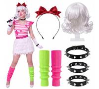 Mepase 4 Pcs Halloween Gothic Horror Costume Set Short Curly White Wig with Burgundy Bow Rivet Choker Bracelets and Fluorescent Color Block Leg Warmers for Halloween Gothic Party Dress up