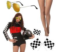 Mepase 4 Pcs Halloween Racer Costume for Women Racing Flag Sunglasses Fishnet Tight Set for Women Halloween Cosplay Accessory