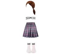 Mepase 4 Pcs Halloween Reliable Big Sister Costume Brown Ponytail Wig Purple Plaid Skirt Glasses and Socks Set Cartoon Movies Character Role Play As The Smart Family Guardian for Girls Women Halloween