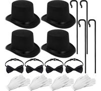 Mepase 4 Sets Halloween Cosplay Costume Includes Gentleman Black Top Hat Bow Tie Gloves Walking Stick Group Halloween Costumes for Adult 1920s Men Accessory Set Cosplay Dance Recitals