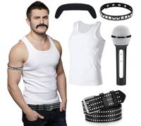 Mepase 5 Pcs Halloween Men Costume Set 80s Rock Costume Vest Microphone Belt Collar Beard Accessory for Adults Cosplay, White, Black, 3XL