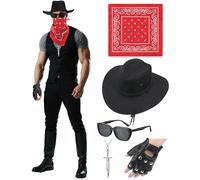 Mepase 5 Pcs Halloween Mercenary Brutal Professional Killer Cosplay Costume Outfits Punk Glove Dagger Necklace Hat Sunglasses Vintage Square Scarf for Adult Man for Halloween Dress up Party Favors