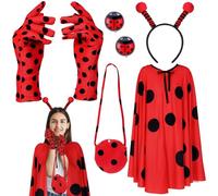 Mepase 5 Pcs Ladybug Costume Set for Women Girls Ladybug Outfits Included Headband Gloves Earrings Bag and Cloak Halloween Birthday Party Cosplay Outfit Clothes