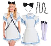 Mepase 5 Pcs Maid in Chains Costume Outfit Fancy Dress Anime Cosplay Women Costume Adult Blue Lolita French Maid Apron Puff Sleeve Chain Headwear Socks Set for Halloween Christmas Dress up Party