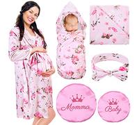 Mepase 5 Pcs Mommy and Me Robe Swaddle Headband Cap Set Including Maternity Robe Baby Blanket Headband Hat for Mom and Baby, Light Pink, S