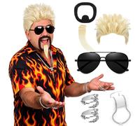 Mepase 6 Pcs Celebrity Chef Costume Accessories Halloween Cosplay | Spiky Blonde Wig, Black Sunglasses, Goatee and Soul Patch Beard, Cuban Link Chain, 2 Rings