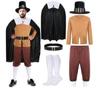 Mepase 6 Pcs Halloween Colonial Pilgrim Costume Adult Man Shirt Trousers Cloak Cap Sock Belt Colonial Pilgrim Costume(M)