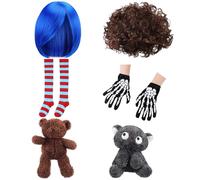 Mepase 6 Pcs Halloween Costume Accessories Movie-inspired Adventure Bundle Blue & Brown Wigs, Blue Red Stripe Socks, Skeleton Gloves, Bear & Cat Dolls for Stop-motion Cosplay Halloween Party