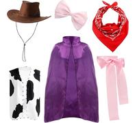 Mepase 6 Pcs Halloween Couple Cowboy Costume Couple Outfit for Men Women Includes Purple Cape Shepherdess Belt Pink Bow Hairpin Western Cowboy Hat Cow Pattern Vest Fits Halloween Cosplay