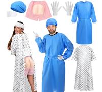 Mepase 6 Pcs Halloween Couples Costume for Adult Doctor Surgeon and Patient Costume Unisex Hospital Patient Gown Funny Butt Shorts for Halloween Couple Cosplay Medical Themed Party Events