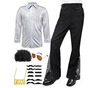 Mepase 6 Pcs Mens 70s Disco Outfits Retro New Year Eve Couples Halloween 80s Costume with Bell Bottom Pants, Silver, XXXL