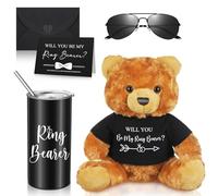 Mepase 6 Pcs Wedding Ring Bearer Gifts Sets, Stuffed Bear with Stainless Steel Tumbler, Sunglasses, Will You Be My Ring Bearer Card with Envelope for Wedding Party Supplies