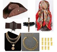 Mepase 7 Pcs Halloween Pirate Costume Women Outfit Include Pirate Tricorn Hat Sword with Lace Bow Bandanas Head Scarf Medieval Corset Necklace Jewelry Dreadlock Clips Vintage Halloween Cosplay Favor